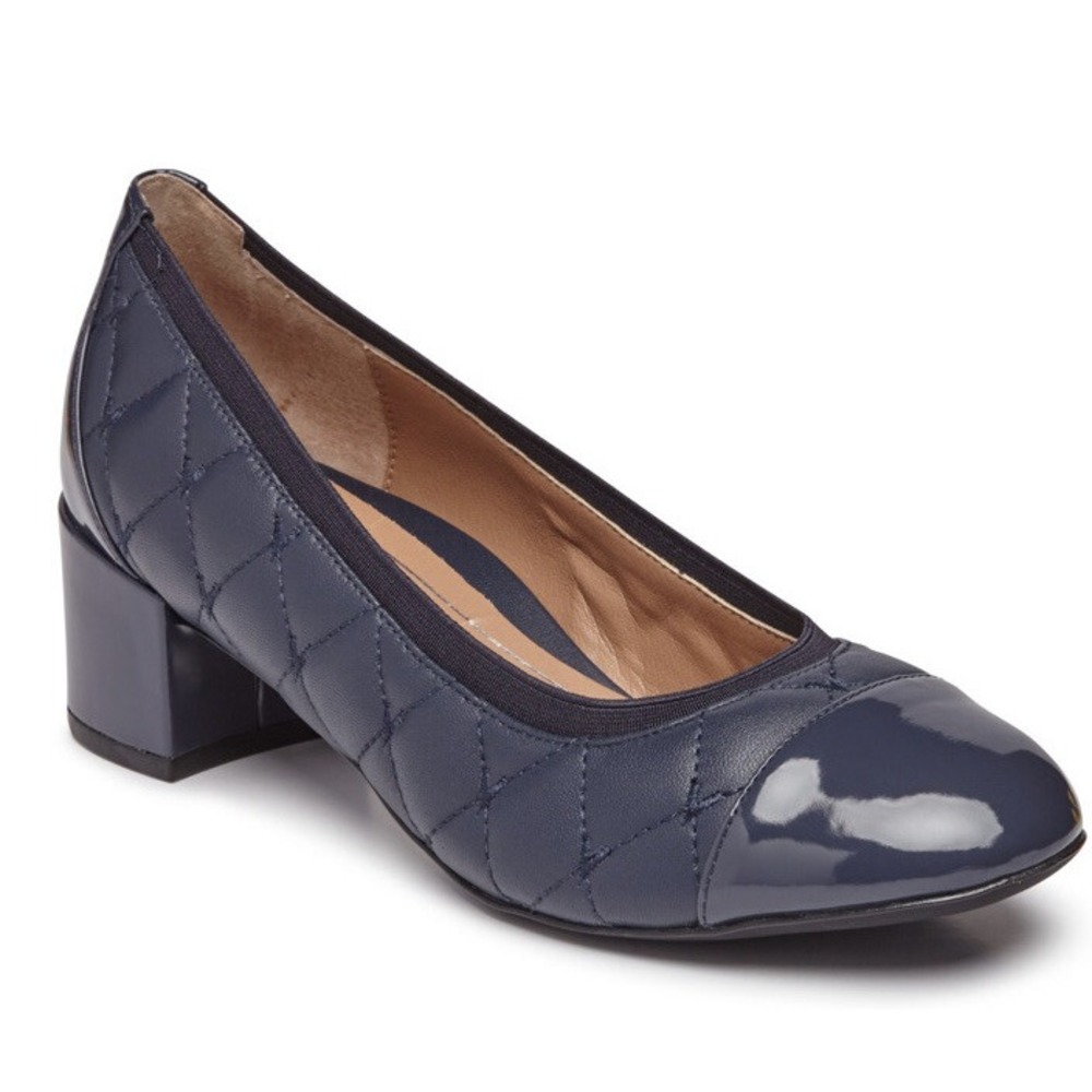 Vionic‎ Ruby Quilted Leather Block Heel Pumps Blue Orthotic Womens 8 Wide New